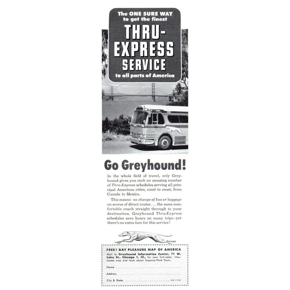 1953 Greyhound Coach Bus Lines Vintage Print Ad San Francisco Golden Gate Bridge